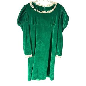 VTG Women's Ugly Christmas Dress Handmade Green Velvet Lace Collar Leg O'Mutton
